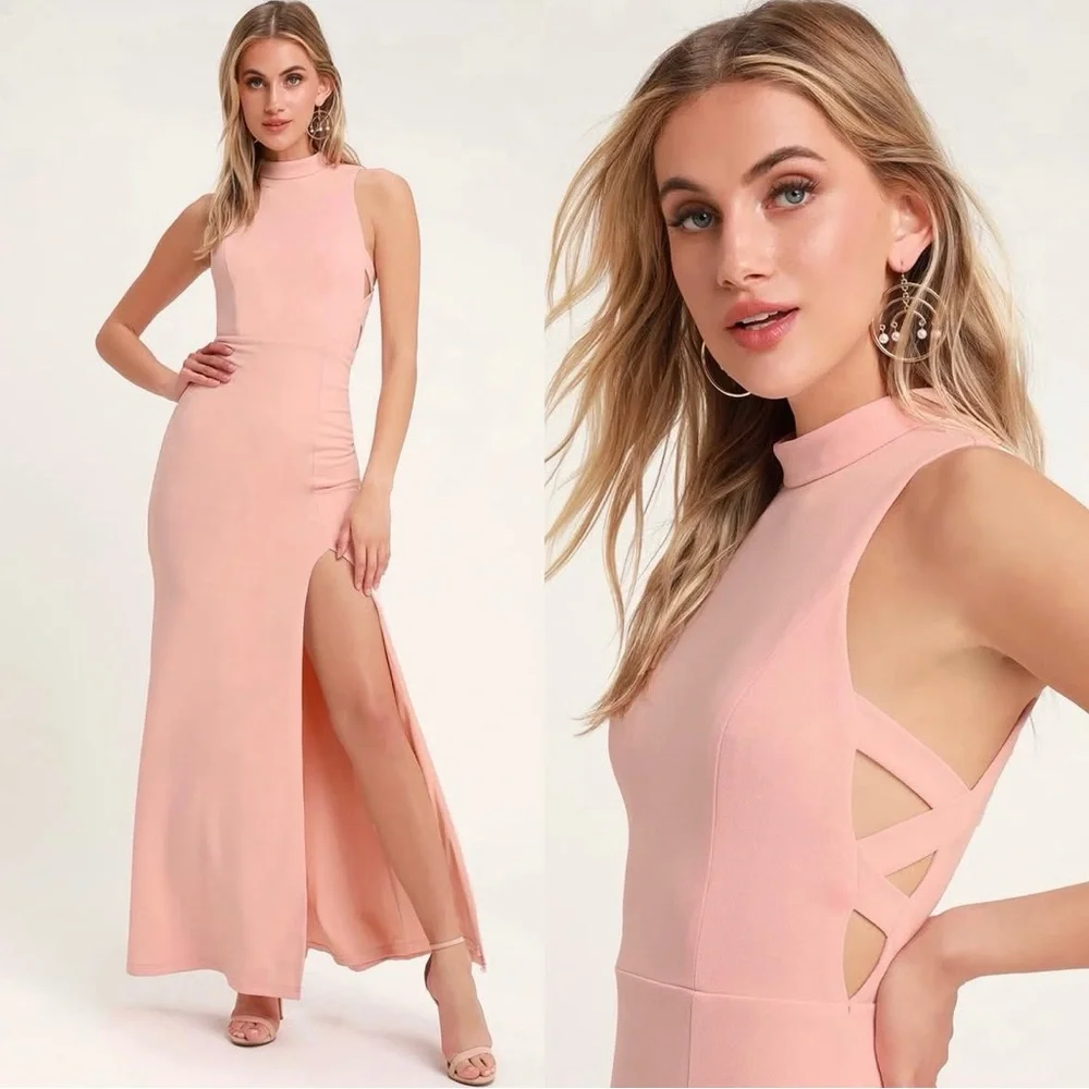 Lulus Light Pink Mock Neck Cutout Maxi Side Slit Mermaid Dress size XL X-Large - Picture 1 of 14